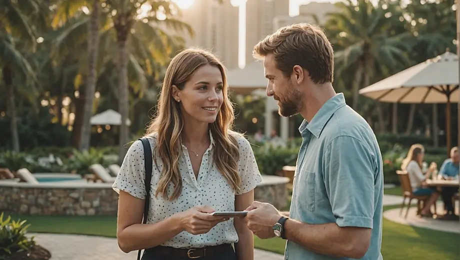 A customer discusses resort management strategies with a professional on-site, surrounded by lush landscaping and resort amenities.