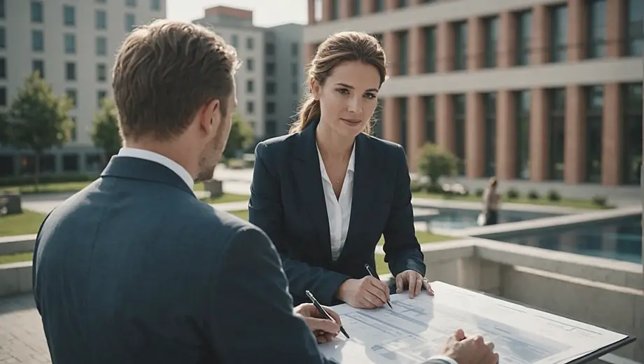 A customer and a professional discuss details at a hotel site, with the hotel building visible in the background. The customer appears engaged while the professional points to a blueprint.