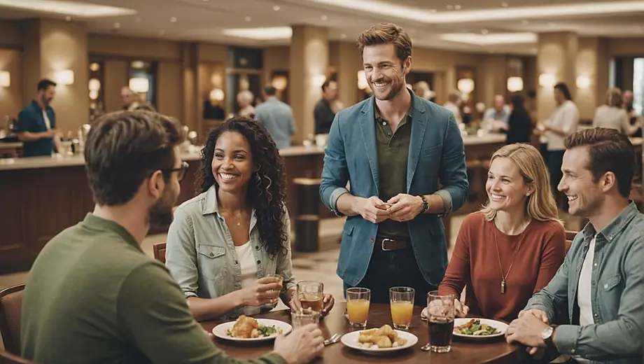 A diverse group of travelers enjoying amenities at a hotel chain, smiling and engaging with staff while exploring the lobby and dining area.