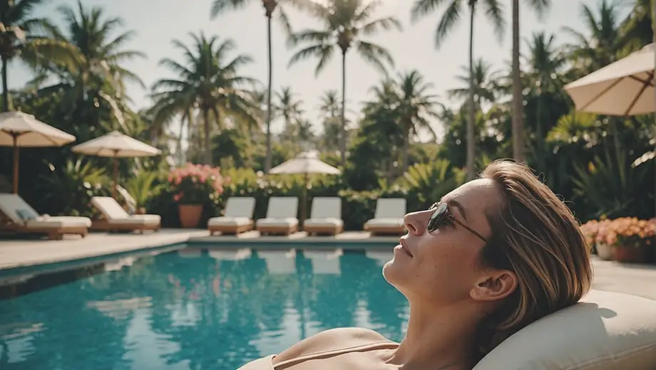 A person relaxes by the pool at a luxurious resort, surrounded by palm trees and vibrant flowers.