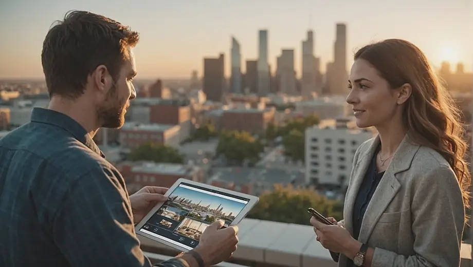 A customer discusses accommodation options with a professional on site, surrounded by various room layouts and amenities.