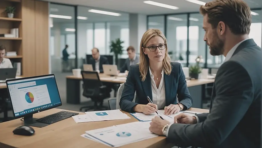 A customer and a professional engage in a discussion on-site, focusing on Human Resources strategies and solutions. The setting is a modern office environment, with documents and digital devices visible, highlighting collaboration and communication.