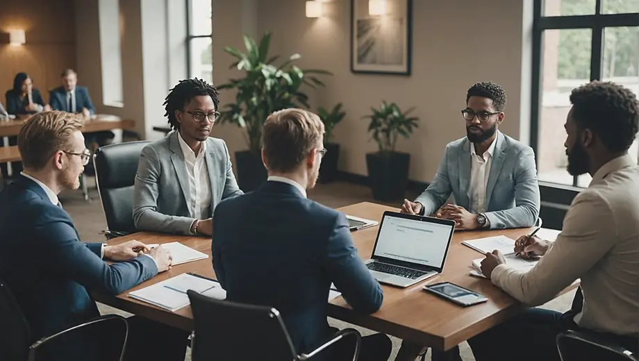 A diverse group of professionals engaged in a discussion about HR consulting strategies around a conference table, with laptops and documents spread out in front of them.