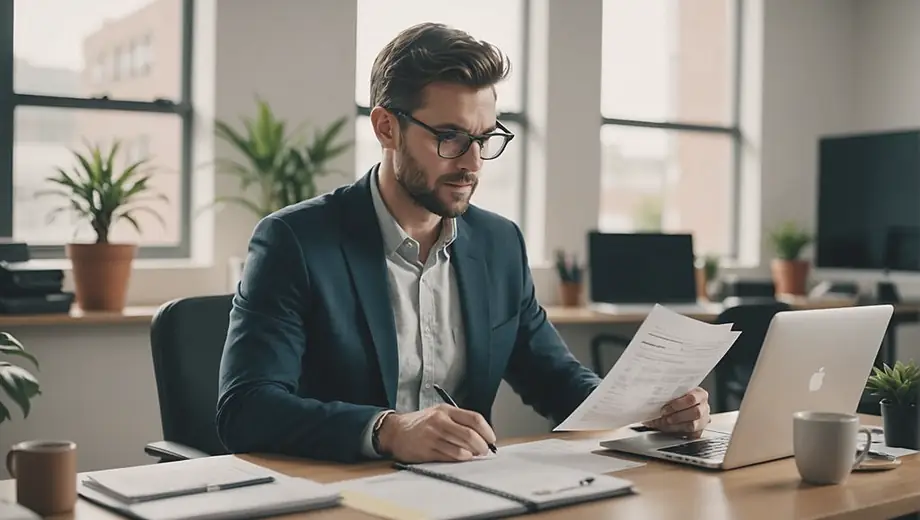 A professional sitting at a desk with a laptop, reviewing documents related to HR outsourcing, surrounded by office supplies and a plant.