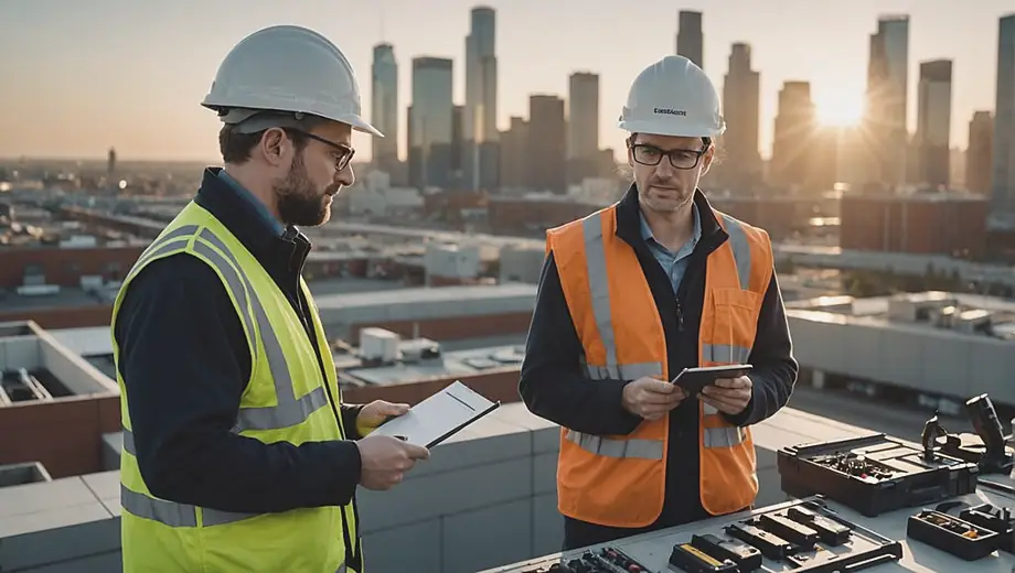 A customer and a professional discuss workforce management strategies on-site, surrounded by tools and equipment, highlighting collaboration and efficiency in their work environment.
