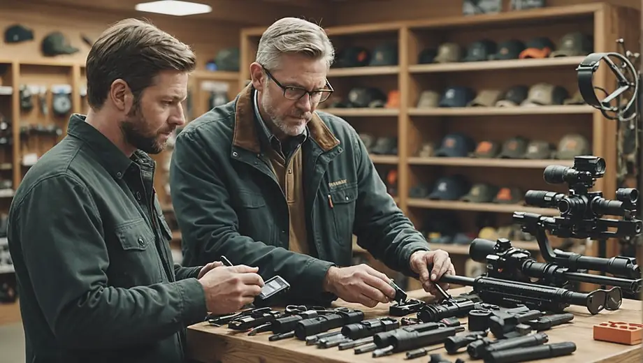 A customer consults with a professional at a hunting gear store, examining various equipment and accessories displayed on shelves, while discussing features and recommendations.