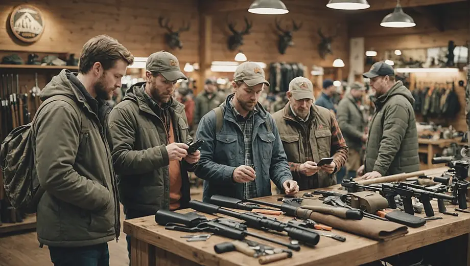 A group of friends browsing a hunting store, examining gear and discussing equipment options while surrounded by various hunting supplies and apparel.
