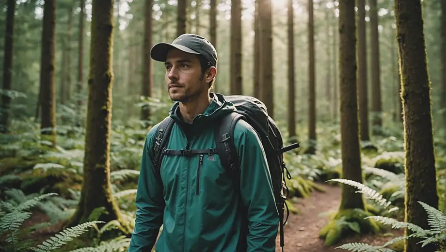 A person stands confidently in a lush forest, wearing durable outdoor gear and preparing to hike along a scenic trail.