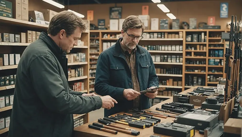 A customer consults with a professional at a hunting supplies store, examining gear and discussing equipment options in a well-stocked aisle.