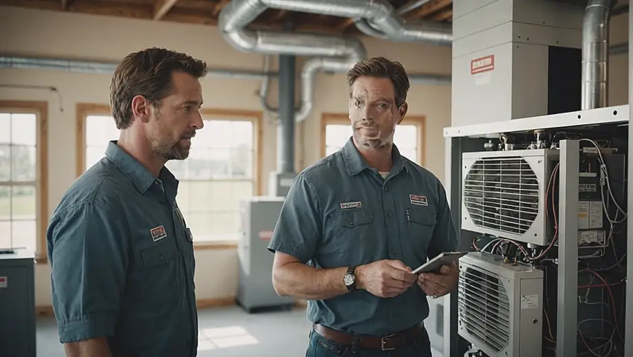 A customer discusses HVAC system options with a professional on site, examining equipment and reviewing specifications in a well-lit, organized space.