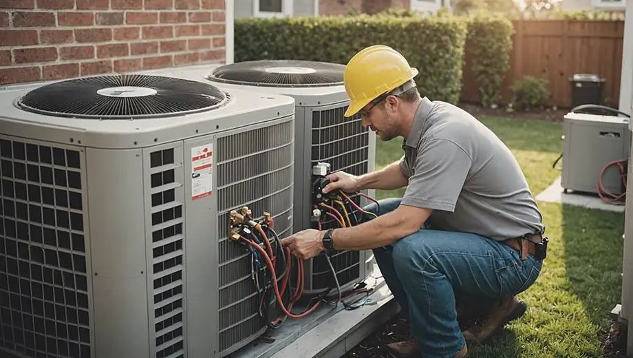 A team of HVAC contractors working together to install a heating and cooling system in a residential home, showcasing teamwork and expertise in their field.