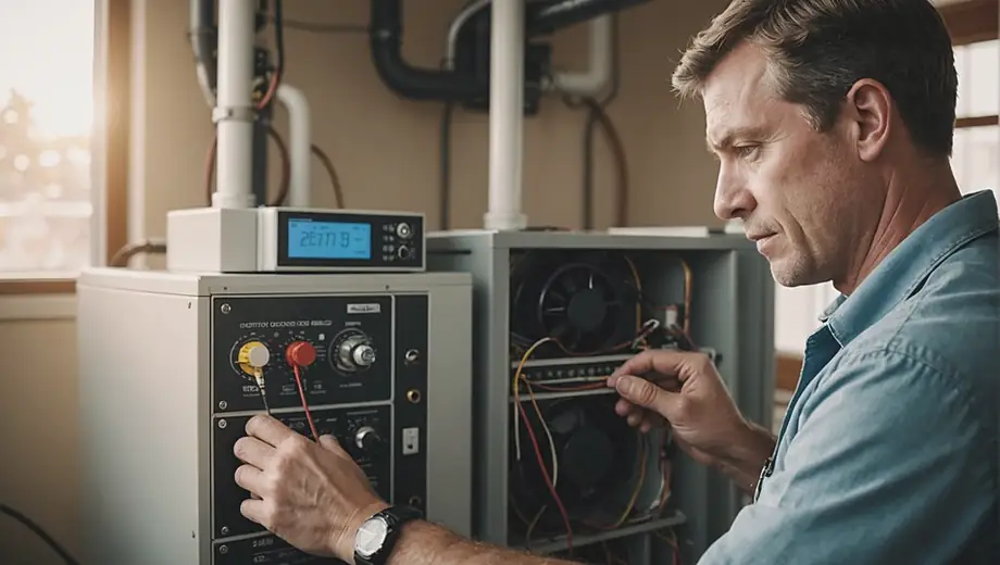 A technician adjusts the settings on a heating and cooling unit, ensuring optimal temperature control in a residential setting.