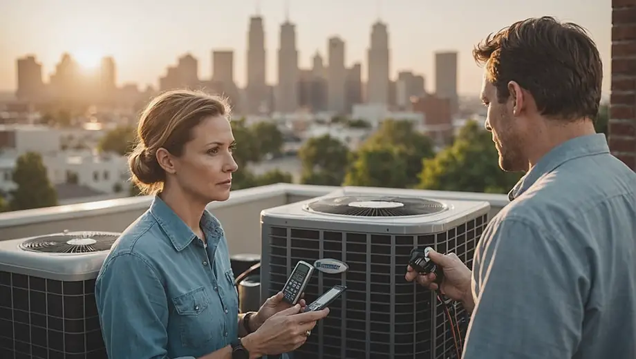 A customer discusses air conditioning service options with a professional technician at their home, surrounded by cooling equipment and tools.