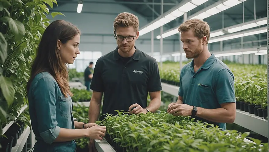 A customer and a professional discuss hydroponics techniques on-site, surrounded by vibrant green plants growing in a modern hydroponic system.