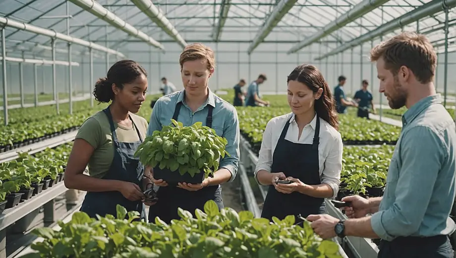 A diverse group of people working together in a hydroponic farm, tending to vibrant green plants growing in a soil-free system, showcasing teamwork and sustainable agriculture practices.