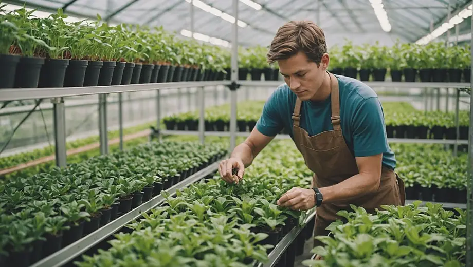 A person tending to plants in an indoor farming setup, surrounded by rows of vibrant greenery and modern growing equipment.