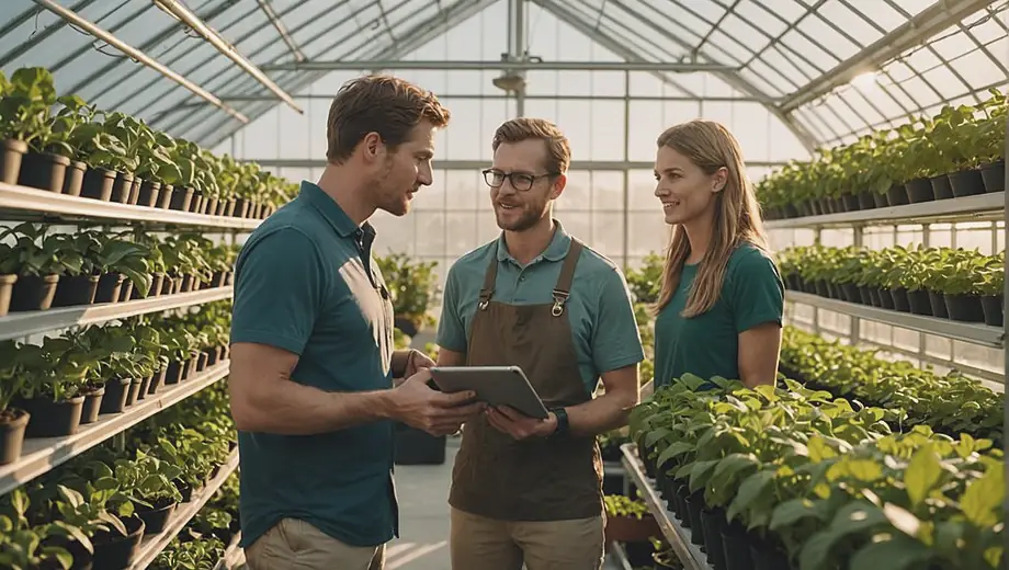 A customer and a professional discuss hydroponic gardening techniques in a bright, well-organized greenhouse filled with vibrant plants and advanced growing systems.