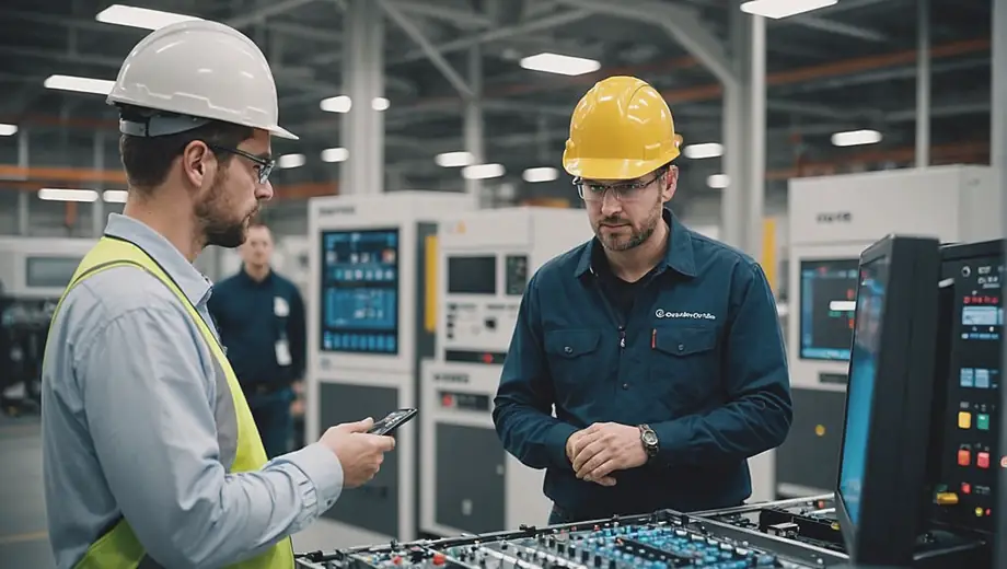 A customer and a professional discuss industrial automation solutions on-site, surrounded by advanced machinery and control panels.