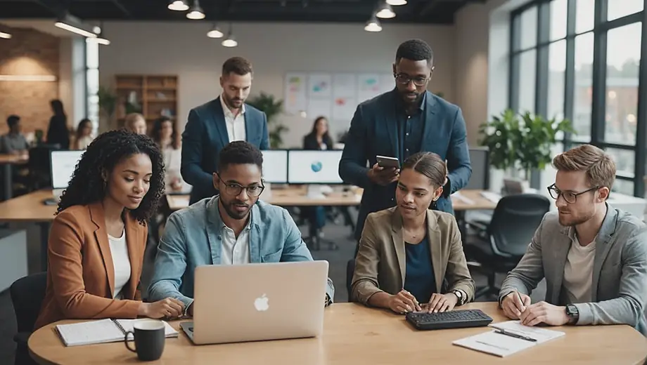 A diverse group of professionals collaborates in a modern office, utilizing an automation service on their laptops to streamline workflows and enhance productivity.