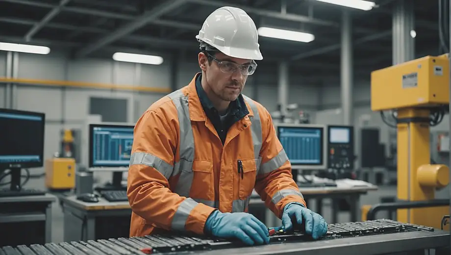 A technician in safety gear monitors machinery in an industrial automation facility, ensuring optimal performance and efficiency.