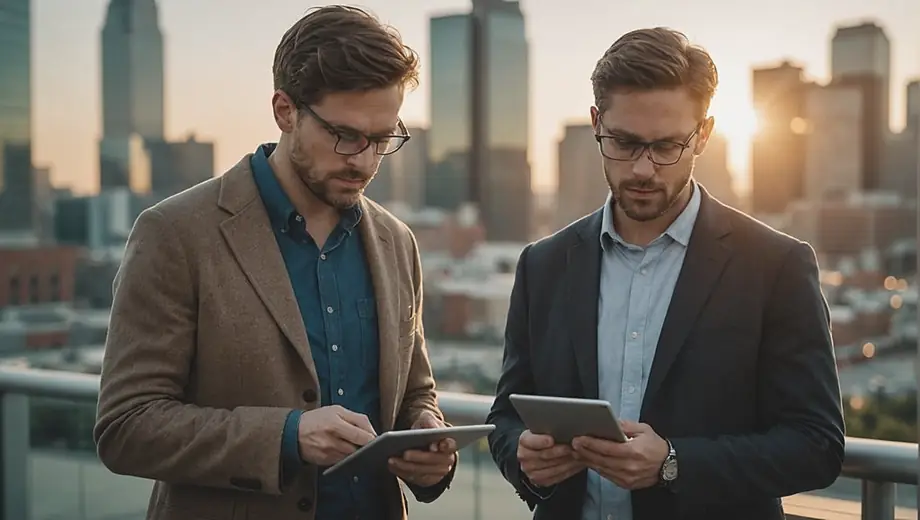A customer and a professional collaborate on-site, discussing process automation solutions while reviewing a digital interface on a tablet.