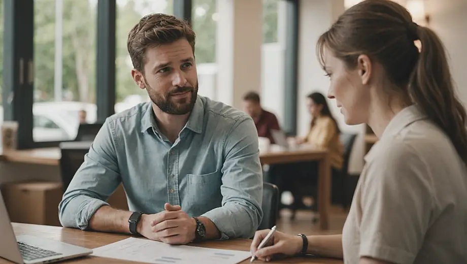 A customer and a professional discuss insurance options on-site, with paperwork and a laptop visible in the background.