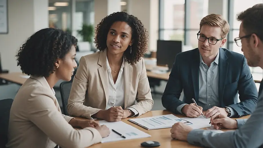 A diverse group of people discussing their options with a representative from an insurance company in a modern office setting.