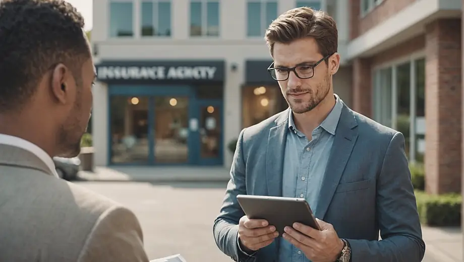 A professional individual stands outside an insurance agency, engaging with a client while reviewing documents on a tablet.