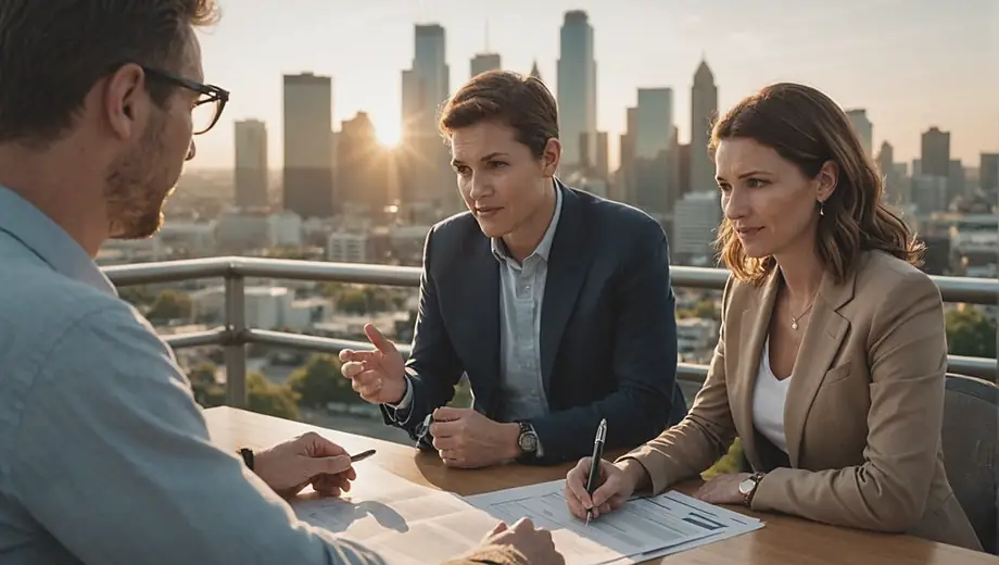 A customer discusses their policy with a professional from the insurance provider on-site, reviewing documents and addressing questions in a friendly, informative manner.