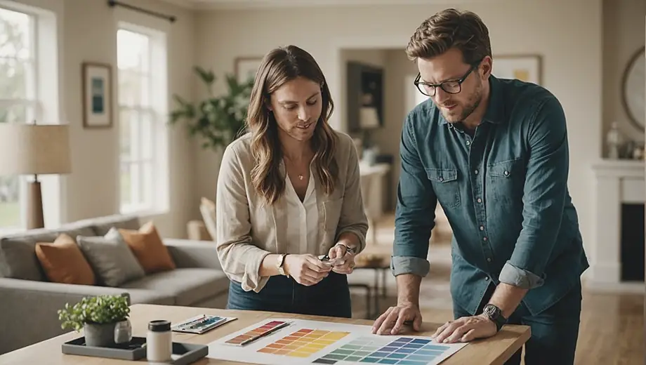 A customer and a professional collaborate on-site, discussing color palettes and furniture arrangements for an interior design project in a bright, modern living space.