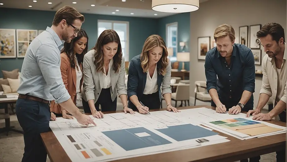 A diverse group of professionals from an interior design firm collaborates around a large table, reviewing blueprints and fabric samples, while vibrant design elements and decor ideas are displayed on the walls.