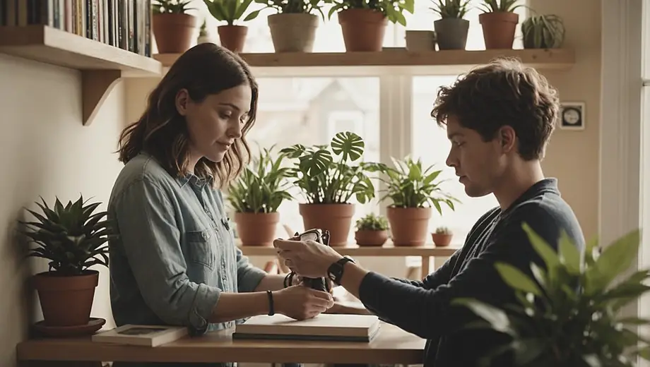 A person arranging home decor items on a shelf, showcasing a blend of plants, books, and decorative pieces in a cozy living space.
