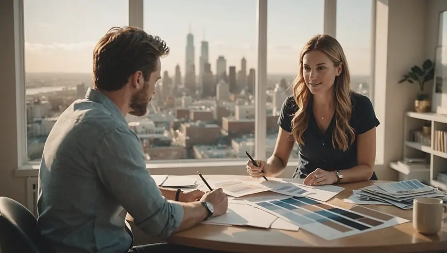 A customer discusses interior decorating ideas with a professional on site, surrounded by swatches and design samples in a bright, stylish room.