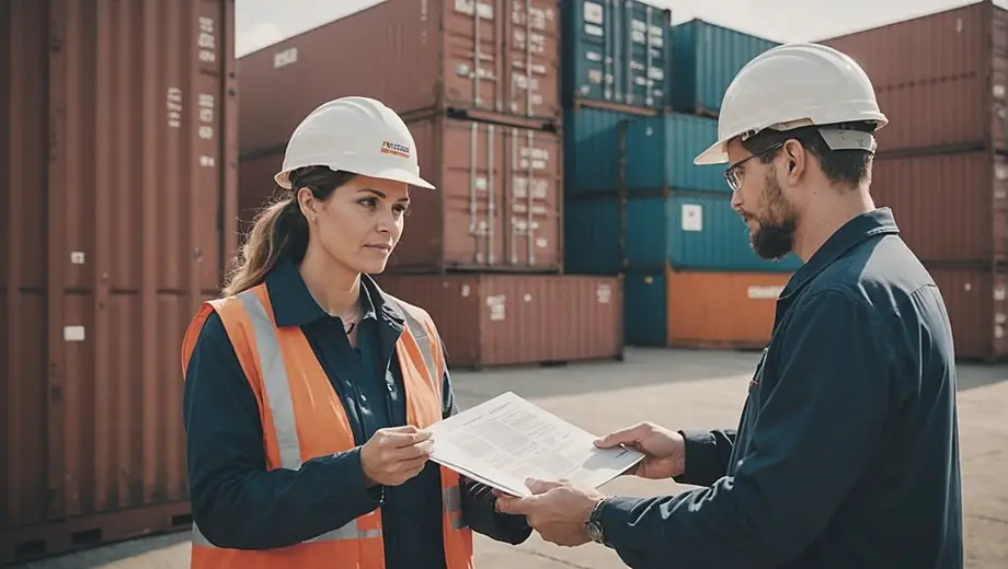 A customer and a professional engage in a discussion on-site, reviewing documents related to International Trade, with shipping containers and cargo in the background.