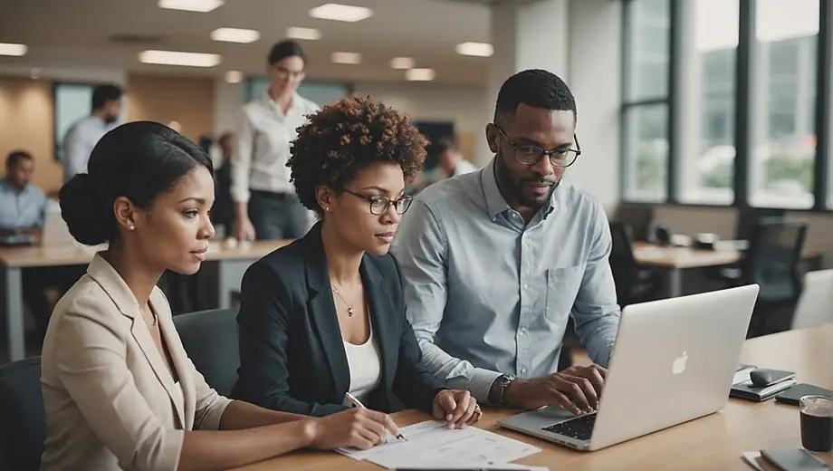 A diverse group of professionals collaborates in an office setting, discussing strategies for their import/export business while reviewing shipping documents and market trends on a laptop.