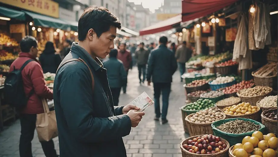 A person stands in a bustling market, examining various goods from different countries, symbolizing the complexities of global trade.