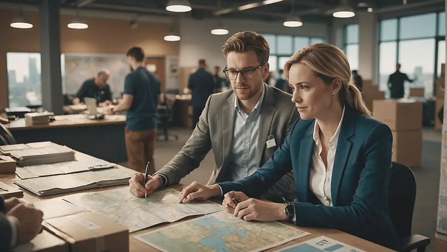 A customer discusses international shipping options with a professional at a busy logistics office, surrounded by maps and shipping materials.