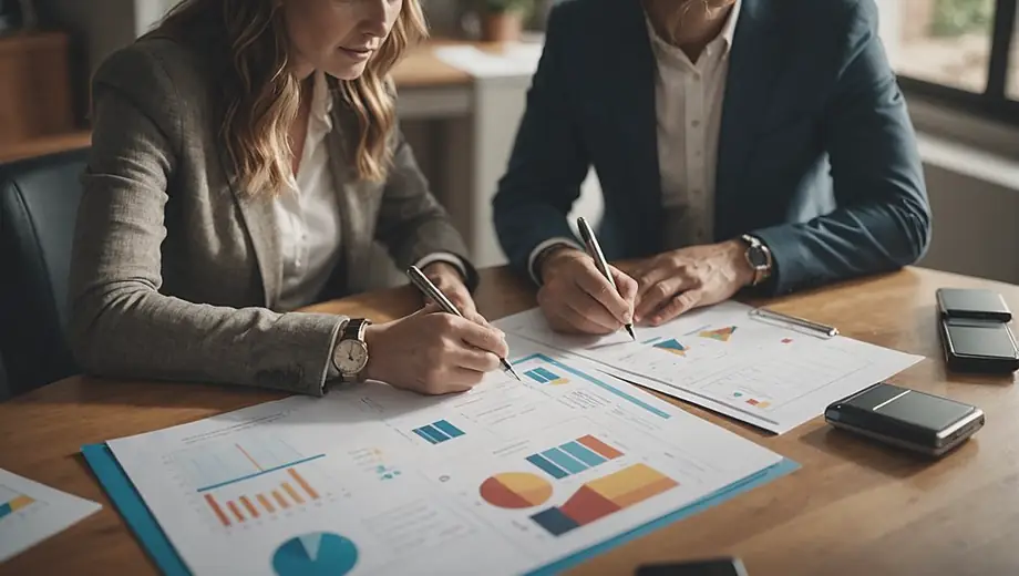 A customer and a professional discuss investment strategies on-site, with charts and documents spread out on a table between them.