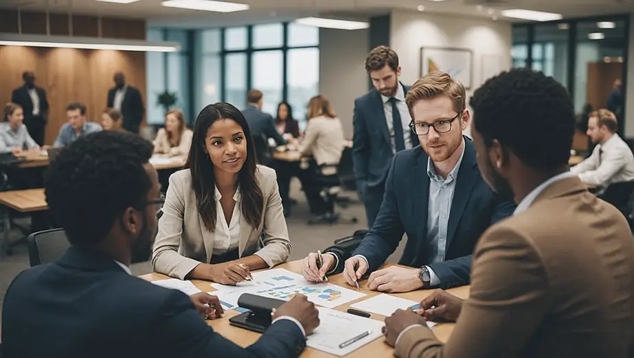 A diverse group of professionals collaborating in a modern office space, discussing strategies and analyzing data for an investment firm.