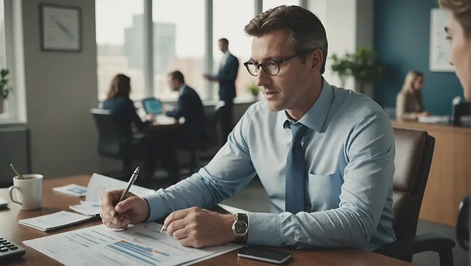 A financial advisor discusses wealth management strategies with a client in a modern office setting, surrounded by charts and financial reports.