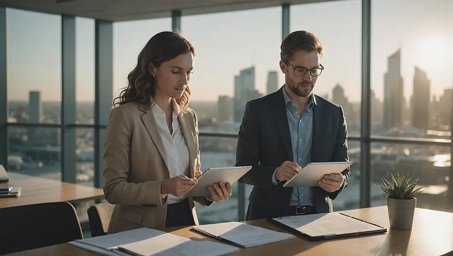 A customer and a professional discuss asset management strategies on-site, reviewing documents and analyzing data on a tablet in a well-lit office environment.