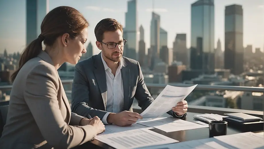 A customer and a professional engage in a discussion on site, reviewing financial documents related to Investment Banking, with a city skyline visible in the background.
