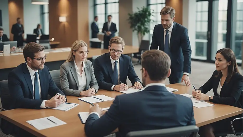 A diverse group of professionals in business attire collaborates around a conference table in an investment bank, analyzing financial reports and discussing strategies.