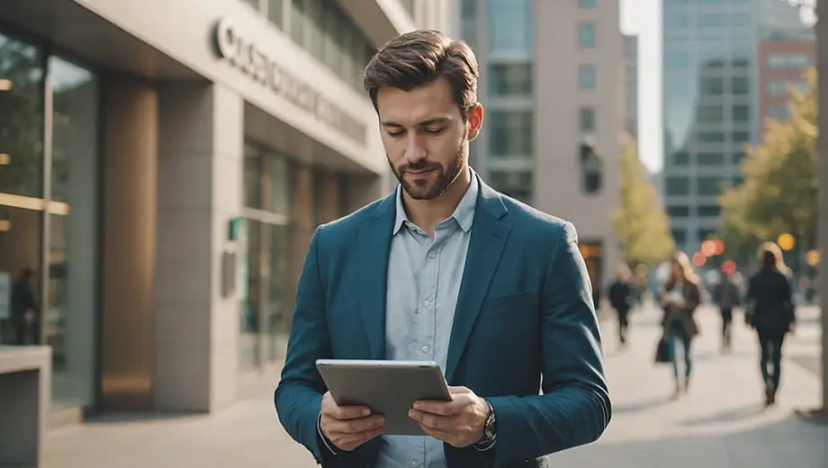 A professional individual stands in front of a modern financial institution, holding a tablet and reviewing documents.