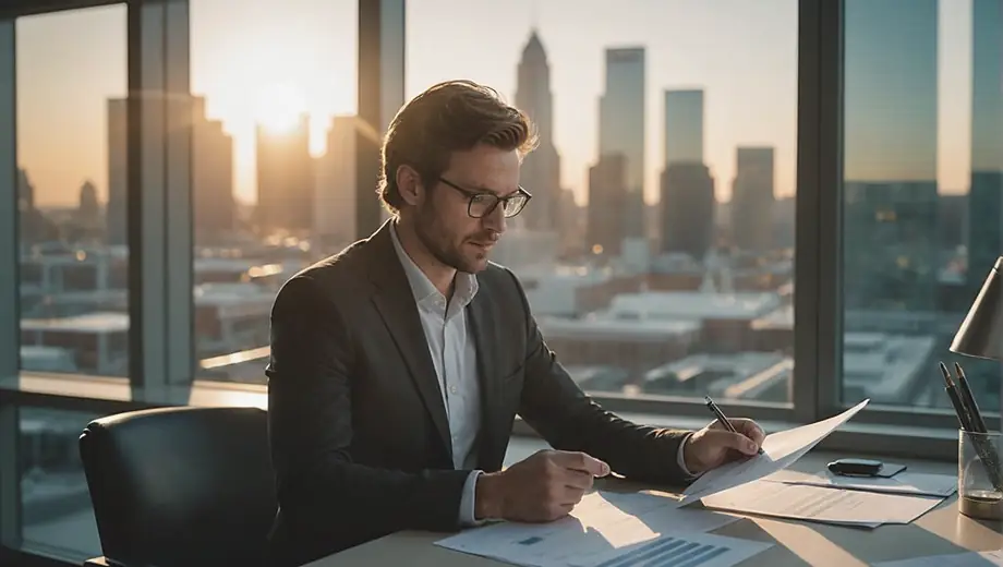 A customer discusses investment services with a professional on site, reviewing financial documents and charts in a modern office environment.