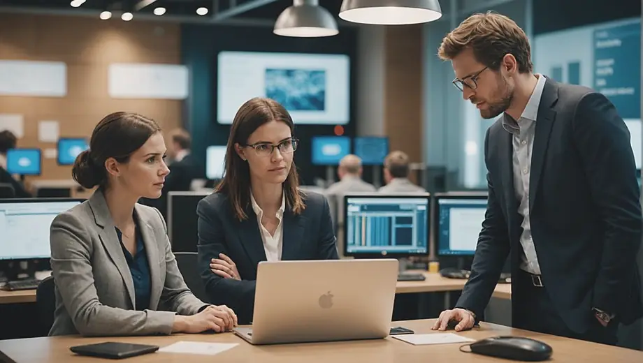 A customer and a professional discuss IT services on-site, with laptops open and technology equipment in the background, highlighting collaboration and problem-solving.