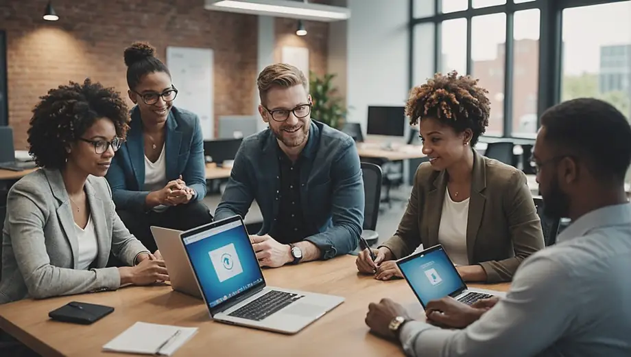 A diverse group of professionals collaborating in an office setting, providing IT support to clients through laptops and digital devices.