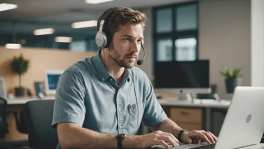 A technician wearing a headset is focused on a laptop while providing technology services at a modern office.