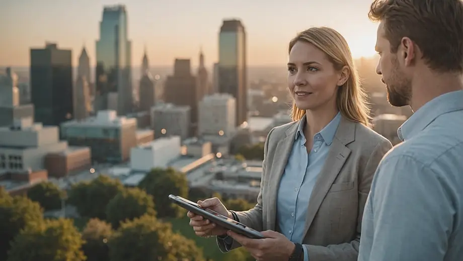 A customer discusses their IT needs with a professional on-site, showcasing a collaborative approach to managed IT services.