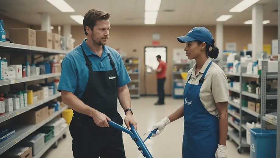 A customer discusses cleaning needs with a professional janitorial staff member on site, surrounded by cleaning equipment and supplies.